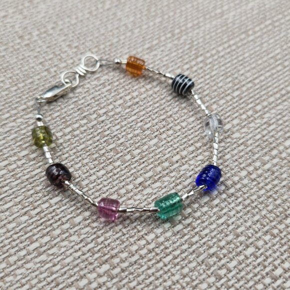 7 Inch Sterling Silver Colorful Glass Braided Style Bracelet B915 - Picture 2 of 6